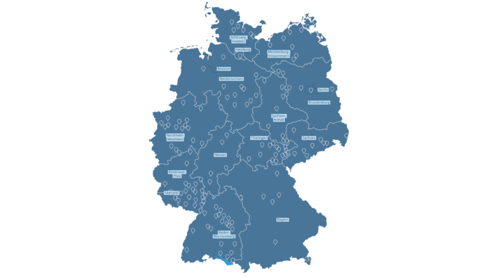 Eine Karte von Deutschland mit allen Standorten des CJD