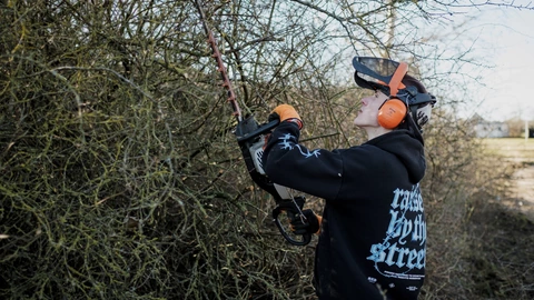 Auszubildender schneidet Hecken
