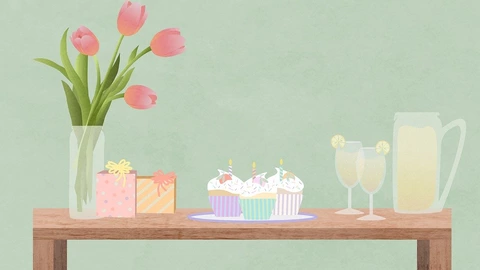 Illustration einer festlich gedeckten Szene: Auf einem Holztisch stehen ein Strauß rosa Tulpen in einer Vase, zwei kleine Geschenke, drei Cupcakes mit Kerzen, ein Krug mit Getränk und zwei Gläser mit Zitronenscheiben. Über dem Tisch hängen bunte Wimpelgirlanden. Der Hintergrund ist hellgrün, die Stimmung wirkt freundlich und feierlich.
