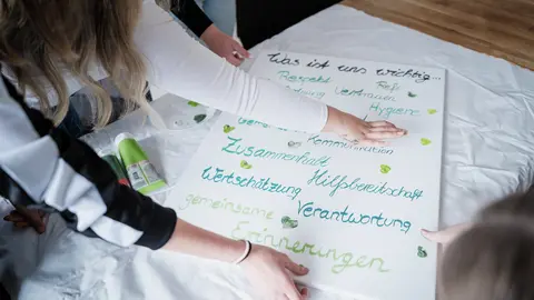 Ein in einer Gruppenarbeit gestaltetes Plakat mit Worten die in einer Gemeinschaft wichtig sind