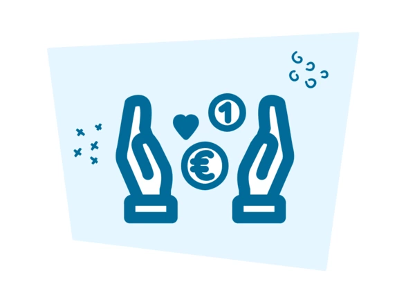 Icon, das zwei weiß-blau stilisierte Hände zeigt, deren Handflächen mit Abstand zueinander zeigen. Zwischen den Händen ist ein Herz, ein Kreis mit einer Eins und ein Kreis mit einem Euro Zeichen zu sehen. Das ganze liegt auf einem hellblauen Hintergrund.