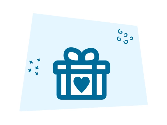 Icon, das ein weiß-blau stilisiertes Geschenk zeigt mit einem Herzen drauf. Das ganze liegt auf einem hellblauen Hintergrund.