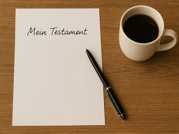 Auf einem Holztisch liegen ein weißes Blatt Papier auf dem "Mein Testament" in Handschrift steht, darauf ein schwarzer Kugelschreiber und daneben steht eine weiße Tasse gefüllt mit Kaffee.