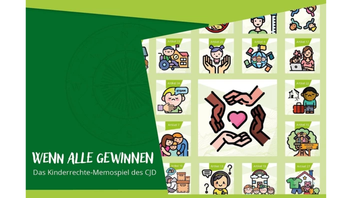 Grafik zum Kinderrechte-Memospiel „Wenn alle gewinnen“ des CJD, mit Symbolen für Kinderrechte und Inklusion.