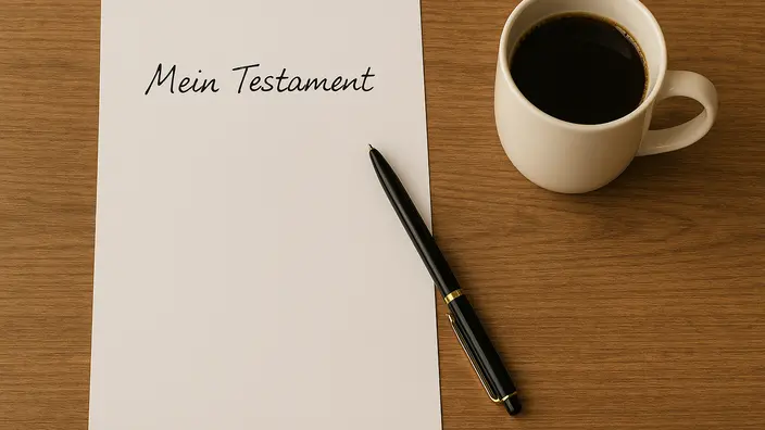Auf einem Holztisch liegen ein weißes Blatt Papier auf dem "Mein Testament" in Handschrift steht, darauf ein schwarzer Kugelschreiber und daneben steht eine weiße Tasse gefüllt mit Kaffee.