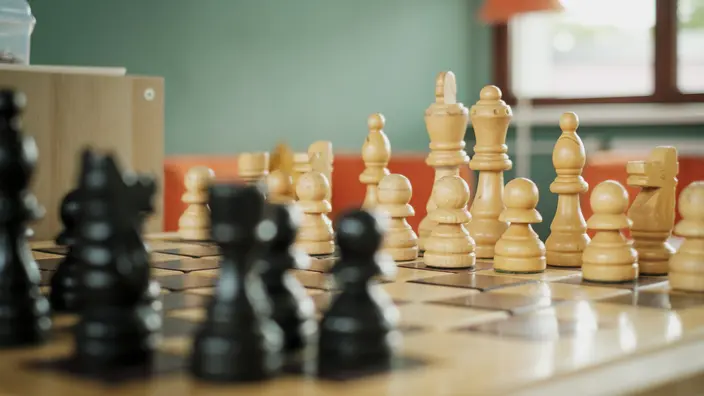 Schachfiguren aus Holz in schwarz und hell stehen sich auf einem Spielfeld gegenüber.