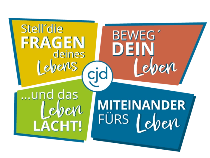 CJD-Grafik mit den Slogans: Stell die Fragen deines Lebens, Beweg dein Leben, das Leben lacht, Miteinander fürs Leben.
